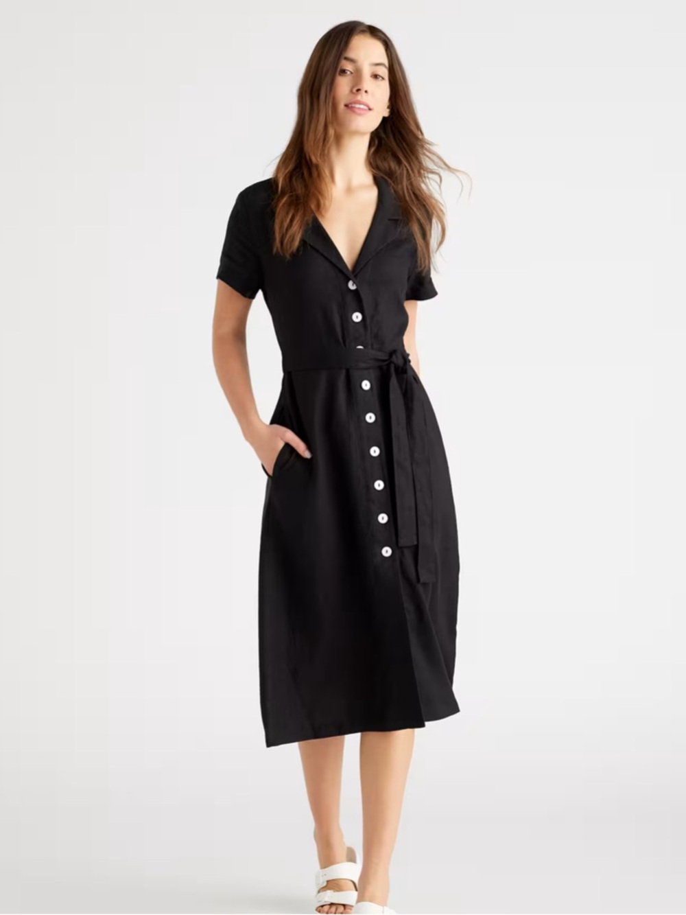 Quince Black 100% European Linen Button Front Dress